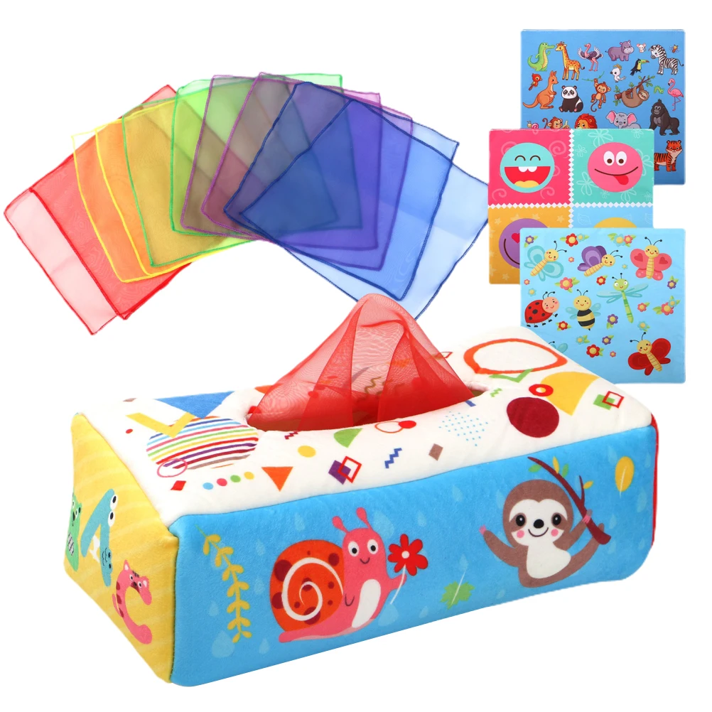 

Коробка для салфеток, игрушки Монтессори, волшебные мягкие сенсорные игрушки для малышей, упражнения на палец для малышей, красочные шарфы ...