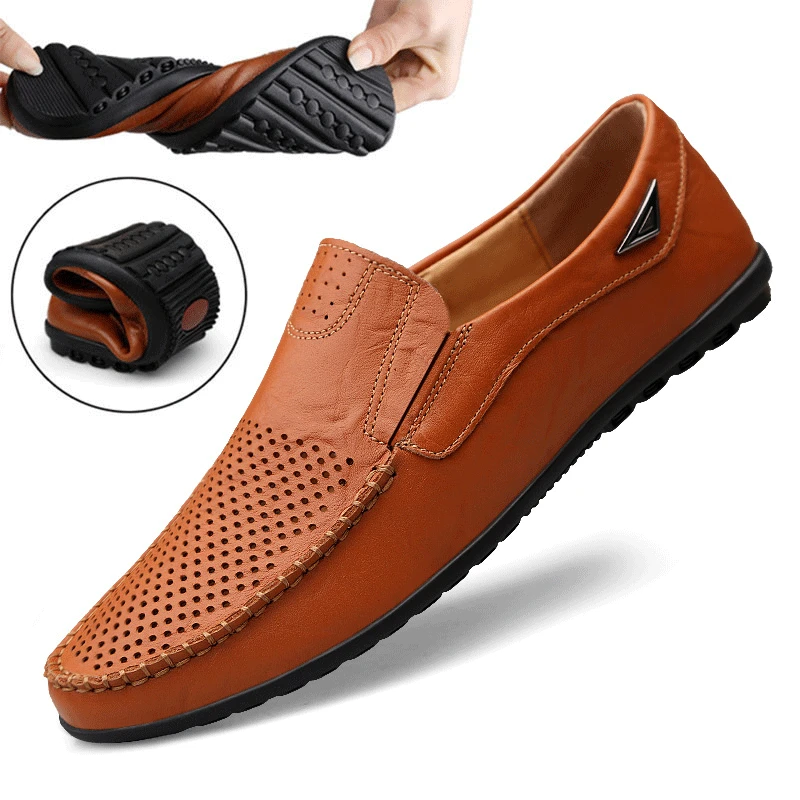 

Brown Men Shoes Casual Luxury Brand Summer Mens Loafers Genuine Leather Moccasins Hollow Out Breathable Slip on Driving Shoes