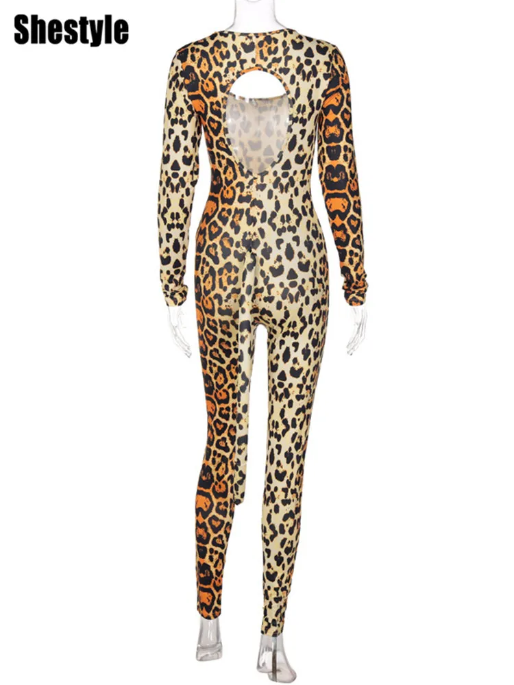 Shestyle Women Jumpsuits with Tail Sexy Backless Leopard Tiger Print Wild Style Skinny Round Neck Christmas Costume 2021