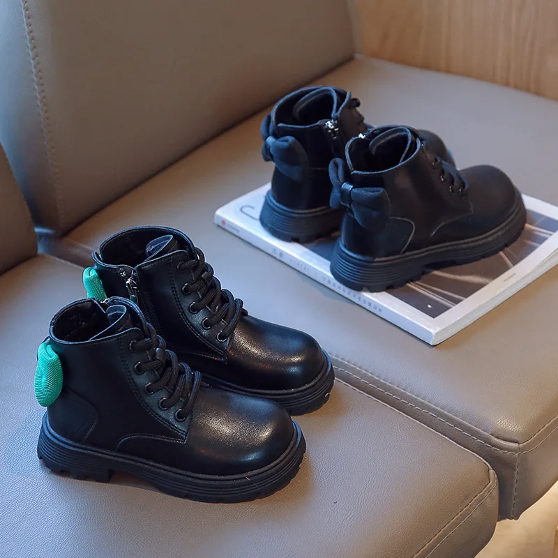 

Детские ботильоны, зимние классические черные ботинки на низком каблуке и платформе для девочек, милая вечерние принцессы с бантом F09102