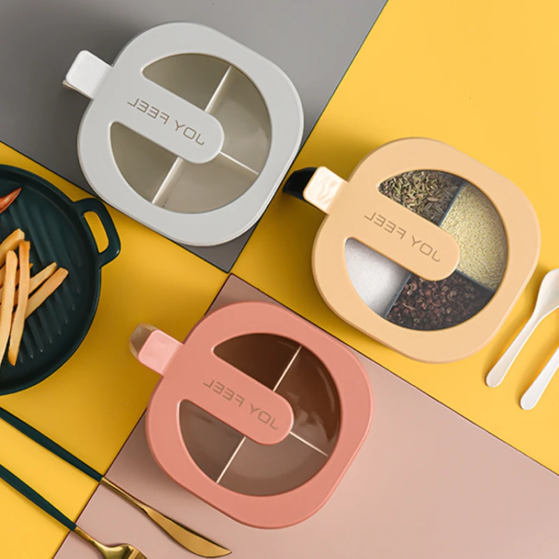 

Four-Grid Seasoning Box with Cover Salt Sugar Bowl Spice Jar Kitchen Gadgets Household Item Tools Kitchen Accessories Organizer