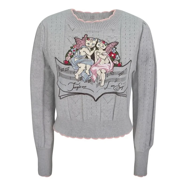 

Grey Embroidery Pullover Sweater Women Autumn Winter Vintage O-neck Long Sleeve Knitwear Crop Tops Jumper Puff Femme Y2k Clothes