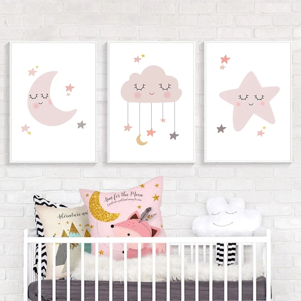 

Nursery Wall Art Prints Pink Star Moon Canvas Painting Cartoon Cloud Poster Child Print Nordic Wall Pictures Girls Room Decor