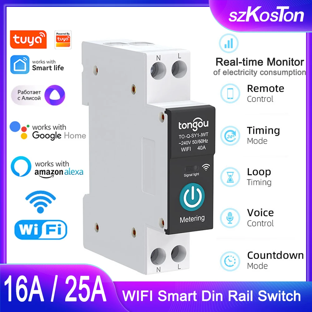 

Tuya WIFI Smart Circuit Breaker 1P 63A DIN Rail Switch With Metering APP Remote Control works with Alexa Google Alice Smart Home