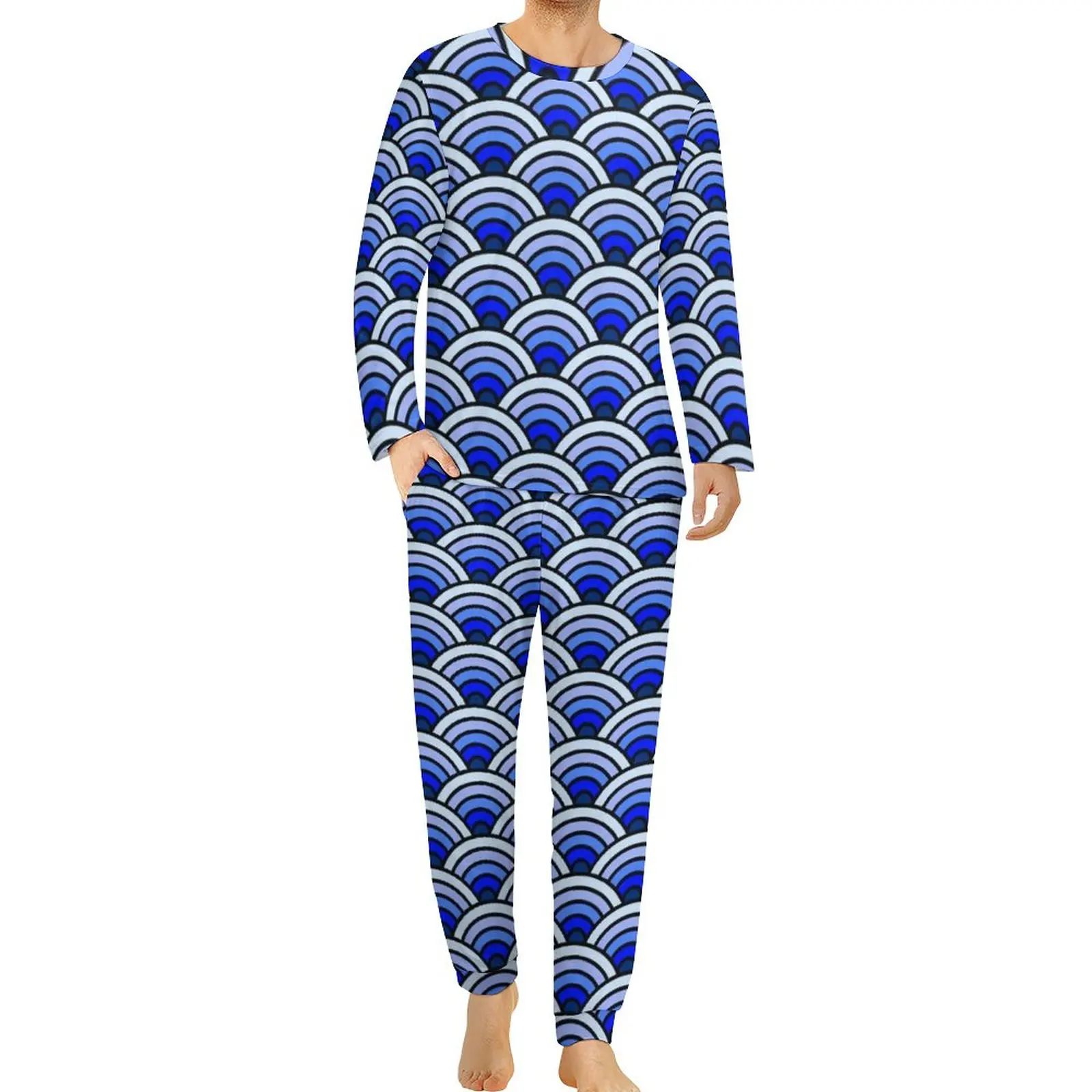 

Blue Waves Seigaiha Pajamas Traditional Japanese Men Long Sleeve Fashion Pajama Sets 2 Pieces Aesthetic Spring Design Nightwear