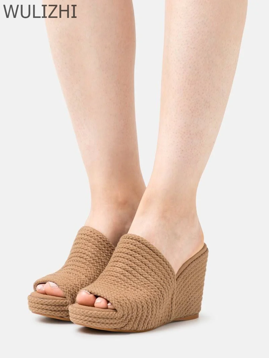 Women Shallow Casual Woven Espadarille Wedge Heels Low Platform Round Toe Slippers Striped Design Sporty Sandals Gladiator Shoes