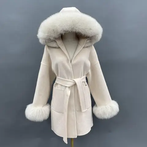 MISSJANEFUR шерстяное пальто с воротником из натурального Лисьего меха манжеты женские 2023 модные кашемировые пальто с поясом теплый зимний Тренч с капюшоном Peacoat