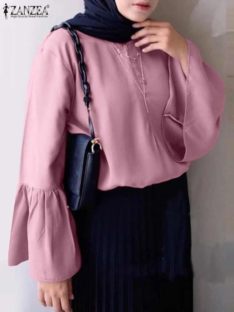 

ZANZEA Fashion Women Long Flare Sleeve Blouse Solid Dubai Turkey Shirt Female Casual Islamic Clothing Ramadan Blusas Muslim Tops