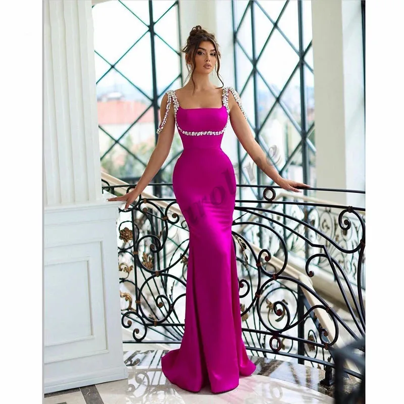 

Caroline Hot Pink Mermaid Evening Dress Crystals Square Collar Satin Spaghetti Strap Formal Women Prom Gowns Party Custom Made