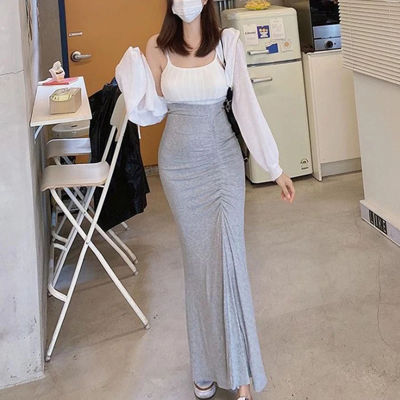 

Women High Waist Ruched Pencil Long Skirts Sexy Elegant Slim Long Mermaid Skirts 2022 Summer Harajuku Fairy Grunge Clothes
