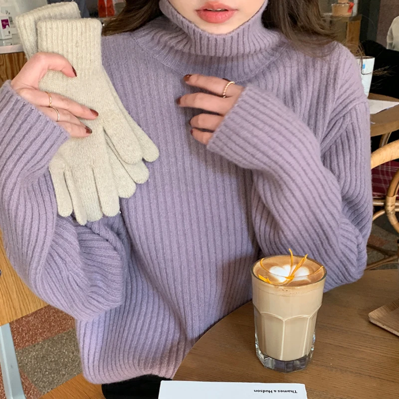 2022 Autumn Winter Loose Cashmere Sweater Top Long Slevee Knitted Turtleneck Sweaters Warm Pullover Sweater Women Clothing 23752