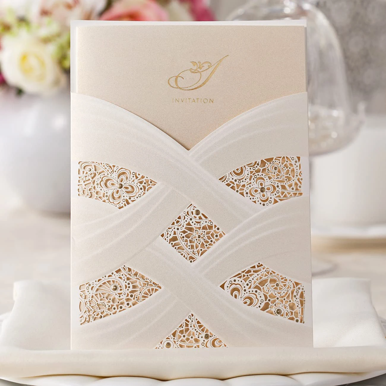 

Wishmade 50pcs Vertical Ivory Laser Cut Wedding Invitations with Hollow Flora For Marriage Wedding Supplies, Customizable