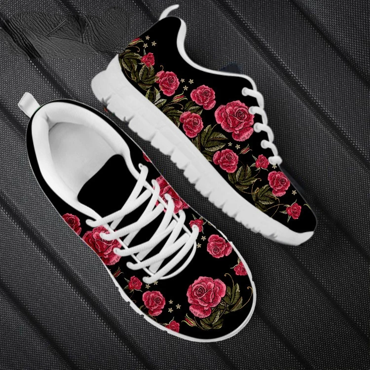 

Pretty Embroidery Rose Pattern Sneakers for Women Summer Outdoor Sport Walking Flats Shoes New Style Ladies Footwear