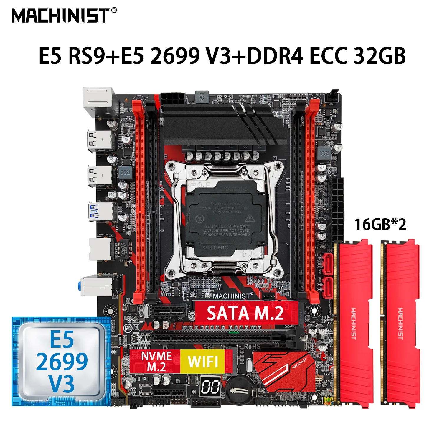 

MACHINIST E5 RS9 комплект материнской платы LGA 2011-3 с Xeon E5 2699 V3 CPU 2*16 ГБ = 32 Гб DDR4 ECC Память ОЗУ NVME M.2 M-ATX SATA