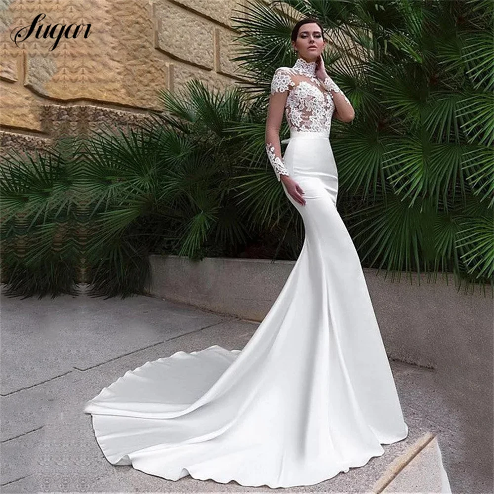 Купи High Neck Long Sleeve Mermaid Wedding Dress Satin 2023 Lace Appliques Bridal Gown With Bow Gorgeous Train Button Back за 4,560 рублей в магазине AliExpress