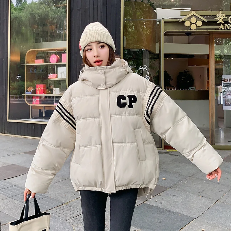 

Beardon 2023 Autumn/Winter Women's Short Knitted Panel Contrast Cotton Coat Fashion Loose Hooded Thickened Down Cotton Outwear