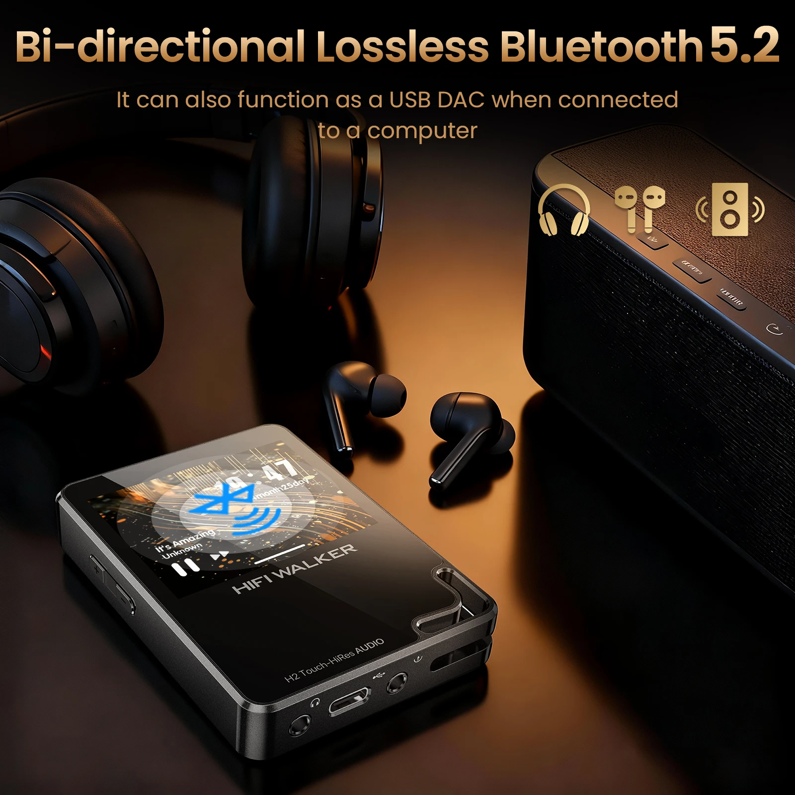 Фото HiFi Walker H2Touch Hi-Res музыкальный плеер MP3 с сенсорным экраном, USB DAC, HIFI, FLAC, DSD128, Bluetooth 5.2, 64 ГБ (до 512 ГБ) №5