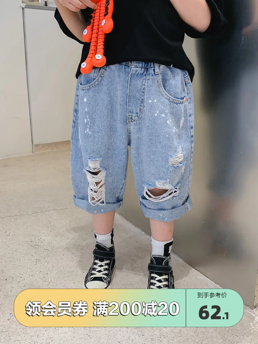 

Children's Clothing Boys' Jeans Summer Thin 2022 New Medium Big Children's Ripped Cropped Pants Children's Fried Street Pants