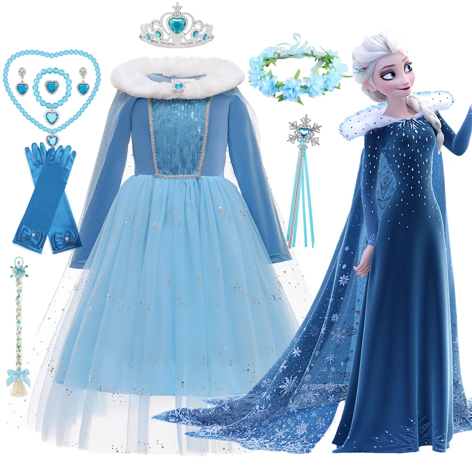

Платья Принцессы Диснея «Холодное сердце», косплей для девочек, костюм Снежной королевы, зимняя одежда с длинным рукавом, детский халат для ...