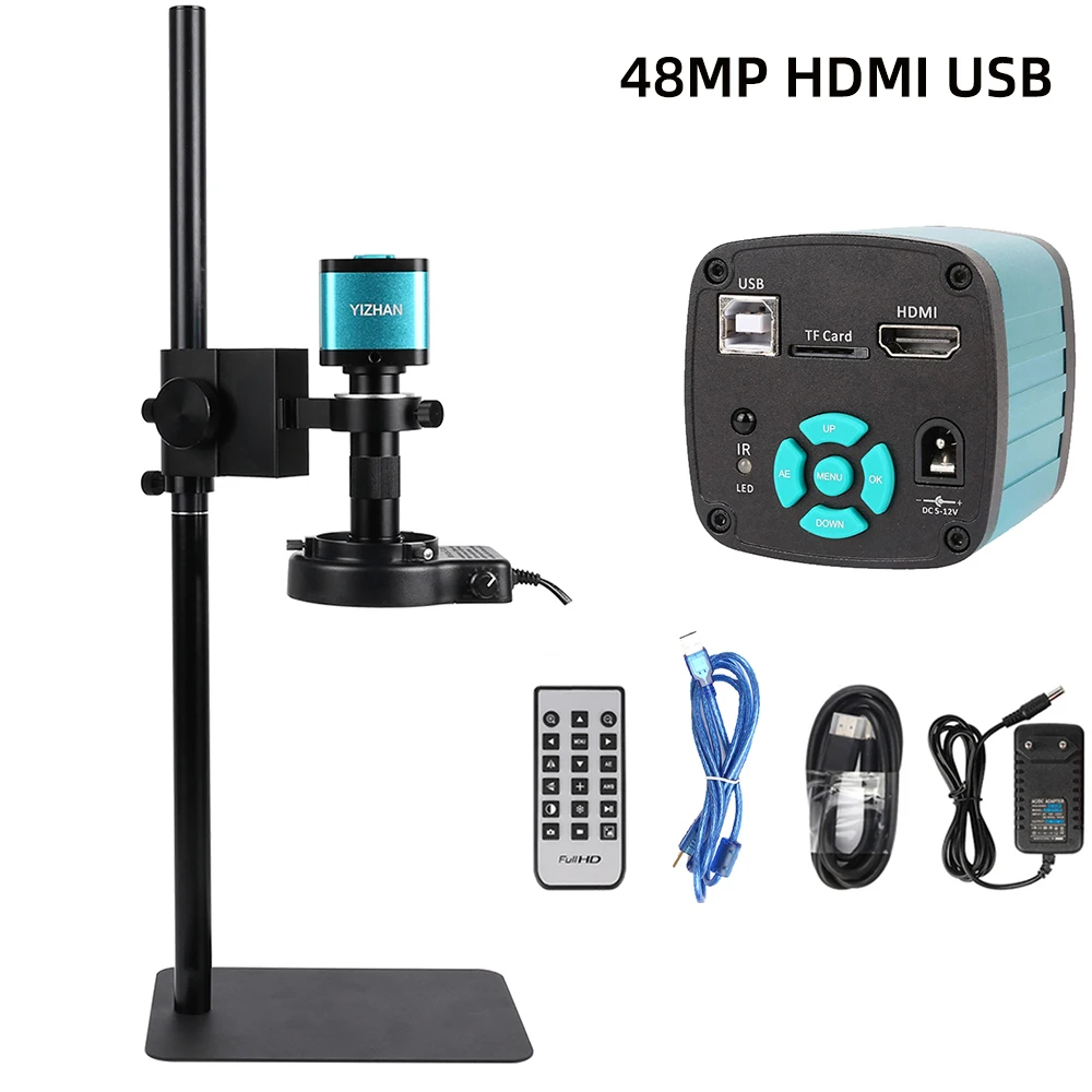 

48MP HDMI Video Microscope USB 4K Digital Industrial Camera Monocular 130X 150X 180X Zoom C-Mount Lens Light For Repair Solderin