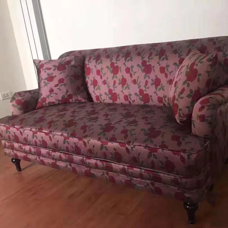 

Ancient Rose Small Apartment Living Room Love Seat Vintage Solid Wood Fabric Designer Bedroom Sofa Furniture