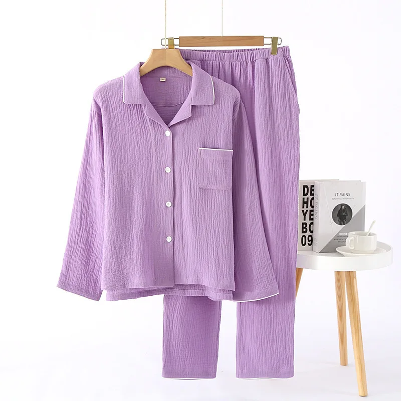 Solid Color Breathable Pajamas Set For Women 100% Washed Crepe Cotton Pyjamas Thin Spring Summer Homewear Sleepwear Loungewear