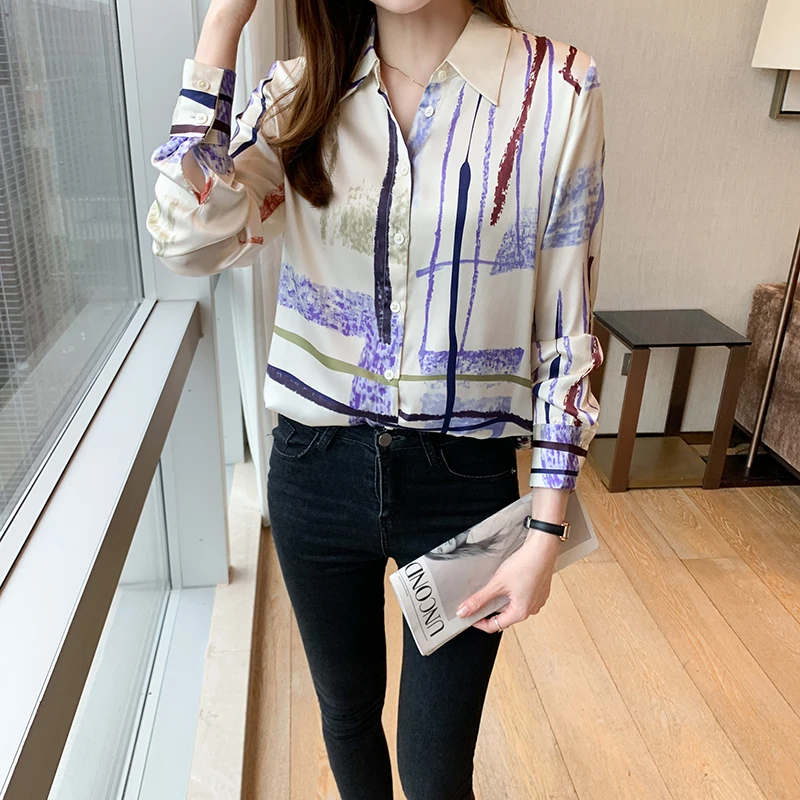 

Блузка Женская атласная свободного покроя, модная рубашка-поло с длинным рукавом, топ с принтом, летняя женская одежда, Houthion