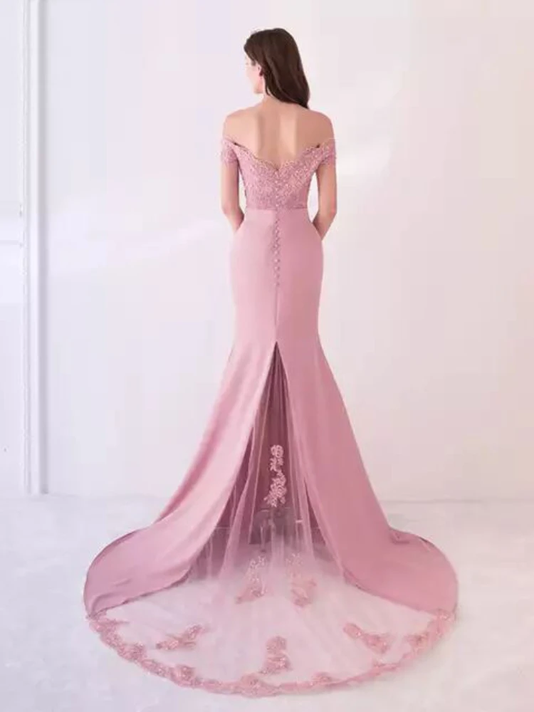 2022 New luxury metal piece one-shoulder bridal wedding dress banquet elegant princess lace fishtail evening dress women