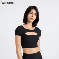 wmuncc 2022 spring new sexy sport shirts womens fitness cropped top bra short sleeves nylon pitted fabirc push up sportswear