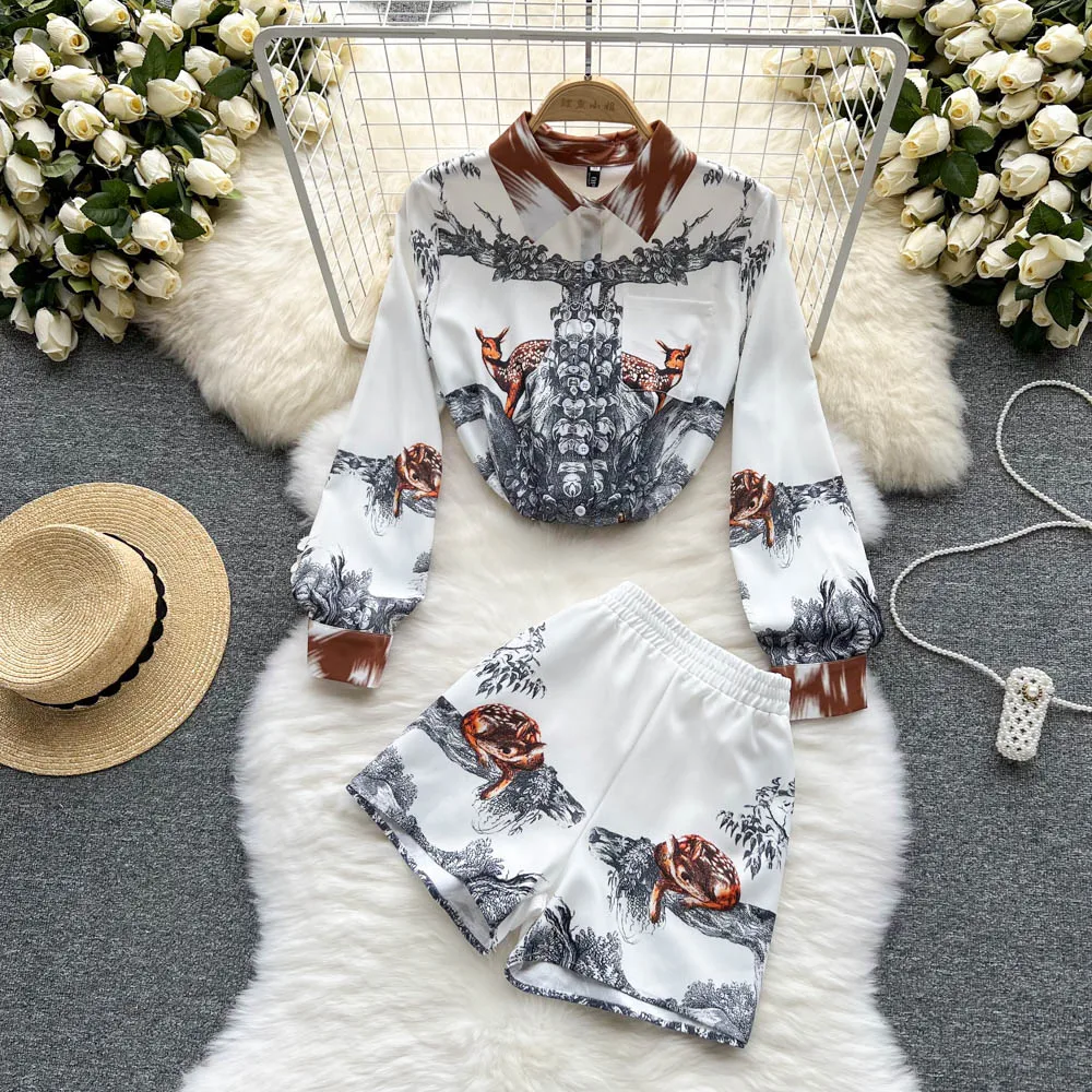 

Amolapha Women Fashion Vintage Printed 2-piece Suit Turn-down Collar Sika Deer Long Sleeve Shirts+High Waist Shorts Clothing Set