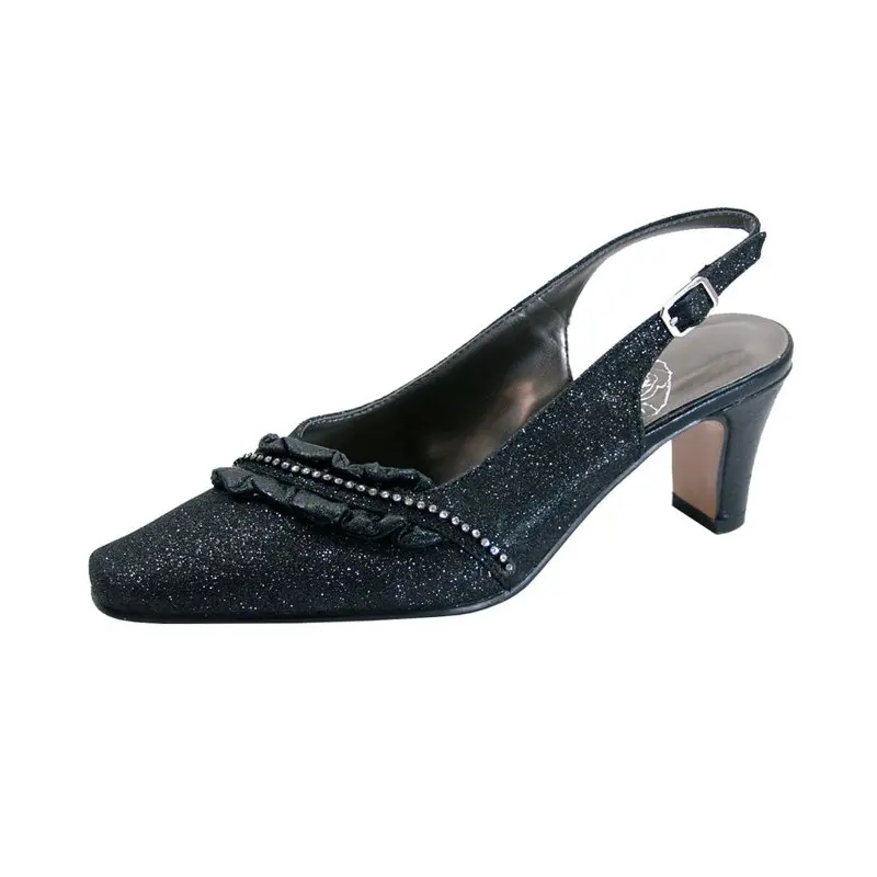 

Bloom Women Wide Width Falbala Trim With Rhinestone Slingback Shoes BLACK 5