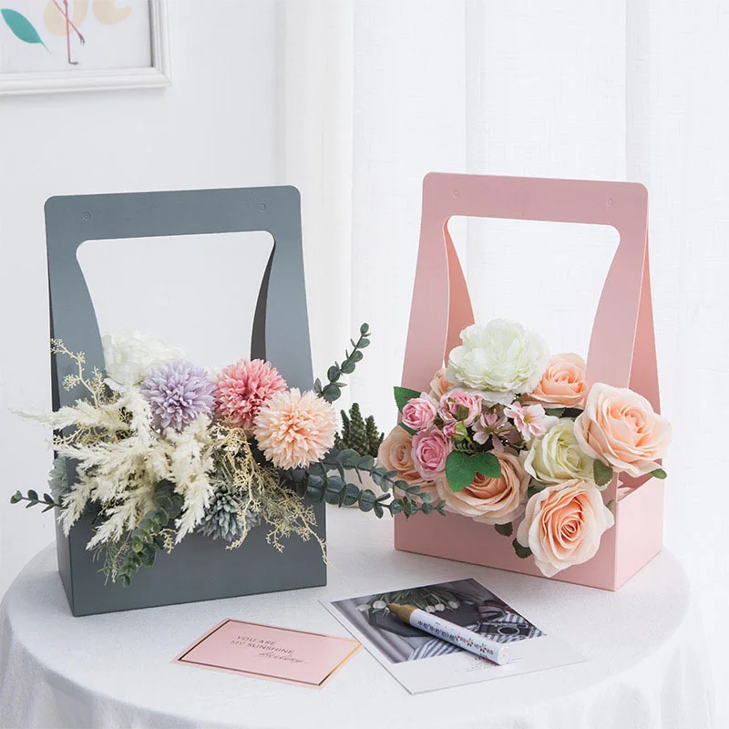 

5Pcs Double Sided Water Proof Kraft Paper Portable Flower Basket Bouquet Handle Carton Bouquet Holiday Gift Wrapping Box