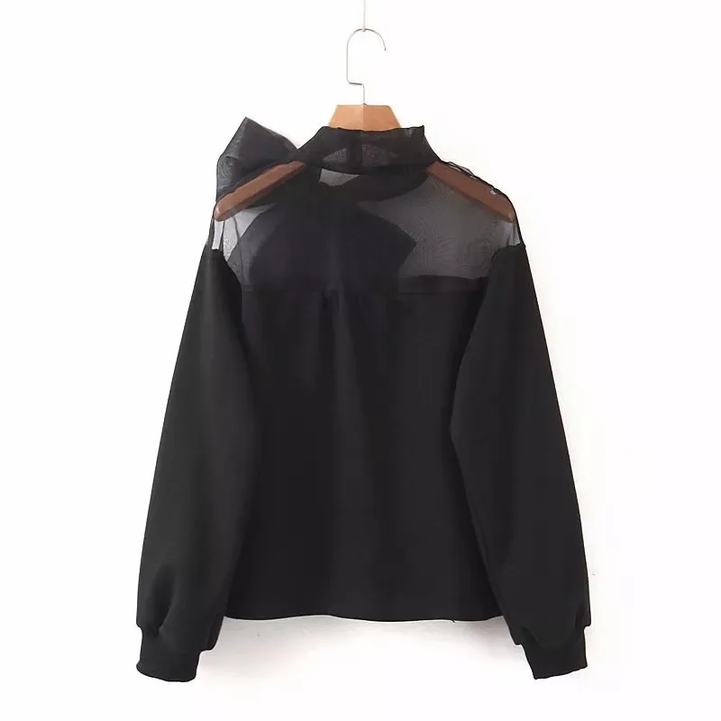 

Women Elegant Organza Patchwork Sweatshirt 2022 Fashion Bow Tie Collar Black Pullover Hoodie Stylish Long Sleeve Casual Tops