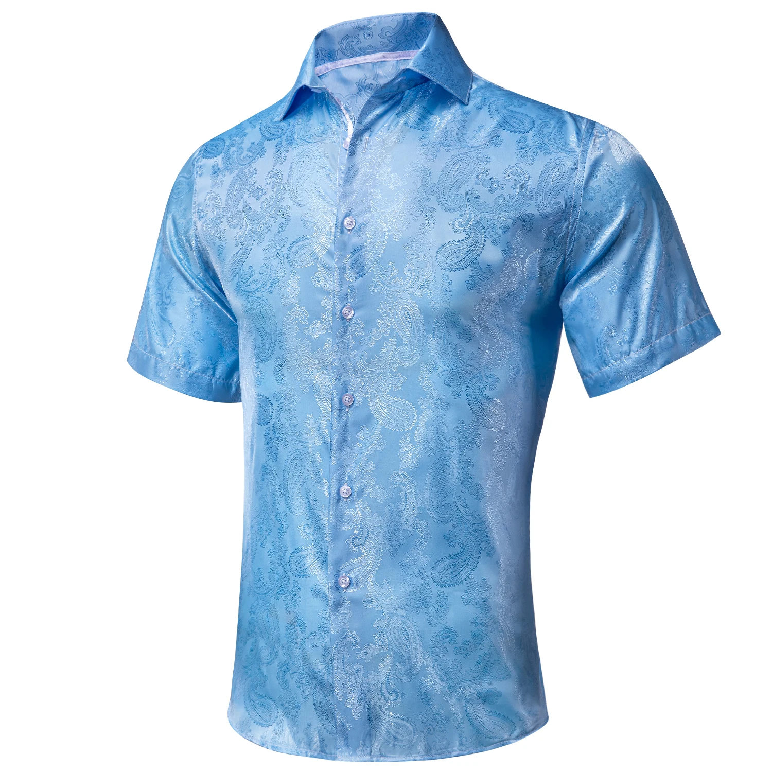 Hi-Tie Short Sleeve Silk Mens Shirts Breathable Comfortable Shirt For Men Business Office High Quality Sky Blue Rose Pink Teal