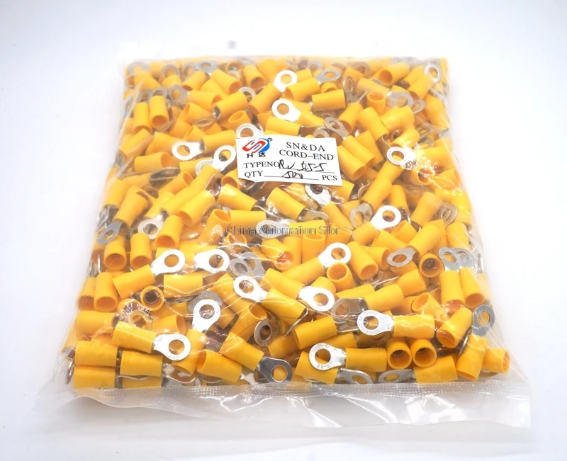 

500 шт./упак. AWG желтая втулка, предварительно изолированные кольцевые клеммы, соединитель провода