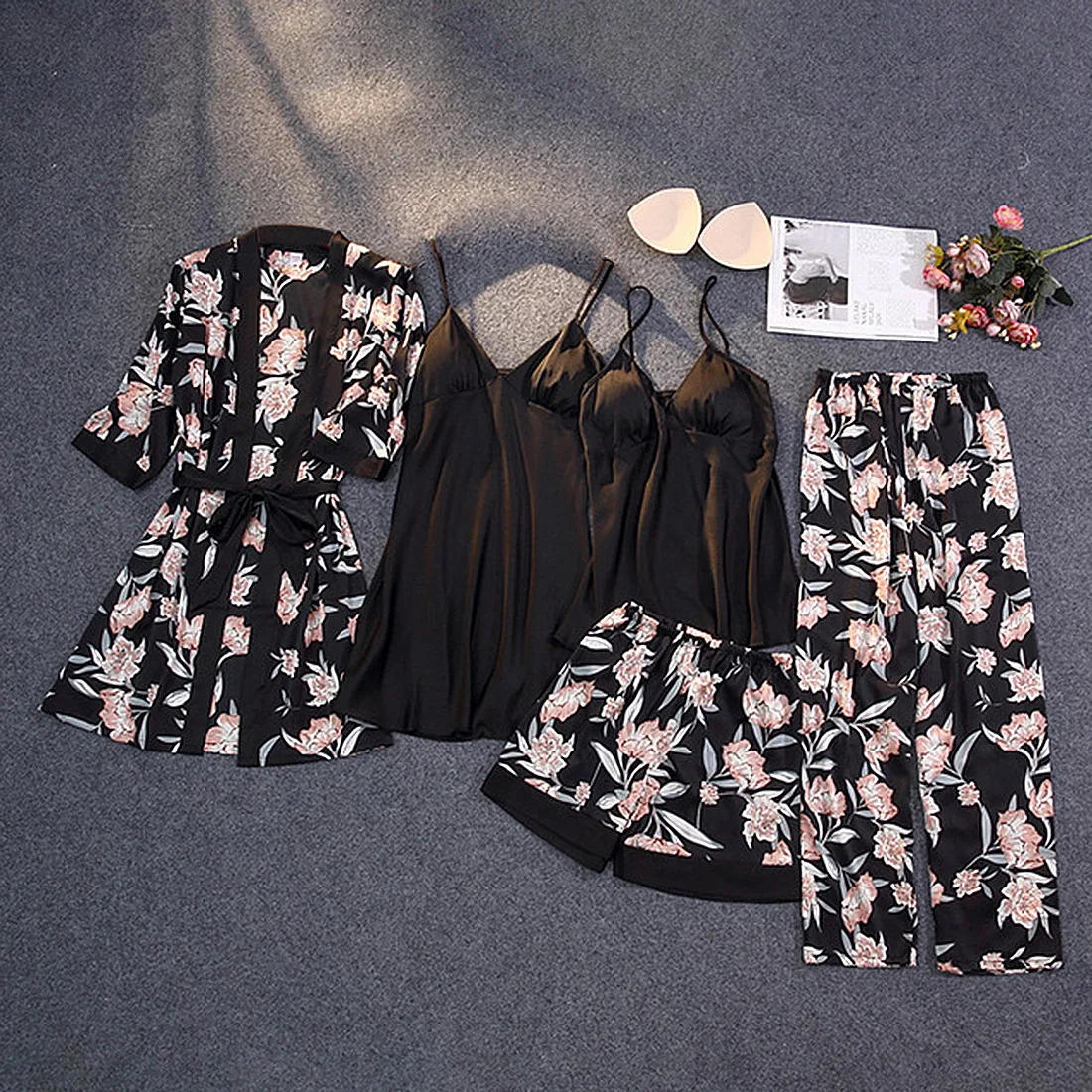 

European and American Sexy Comfortable Leisure Homewear Simulated Silk Printing Multicolor Five-Piece Set
