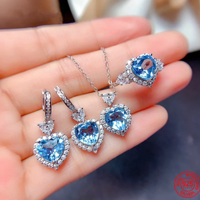 

925 Sterling Silver Heart Aquamarine Crystal Jewelry Set For Women Necklace Earrings Ring Fashion Wedding Party Gift