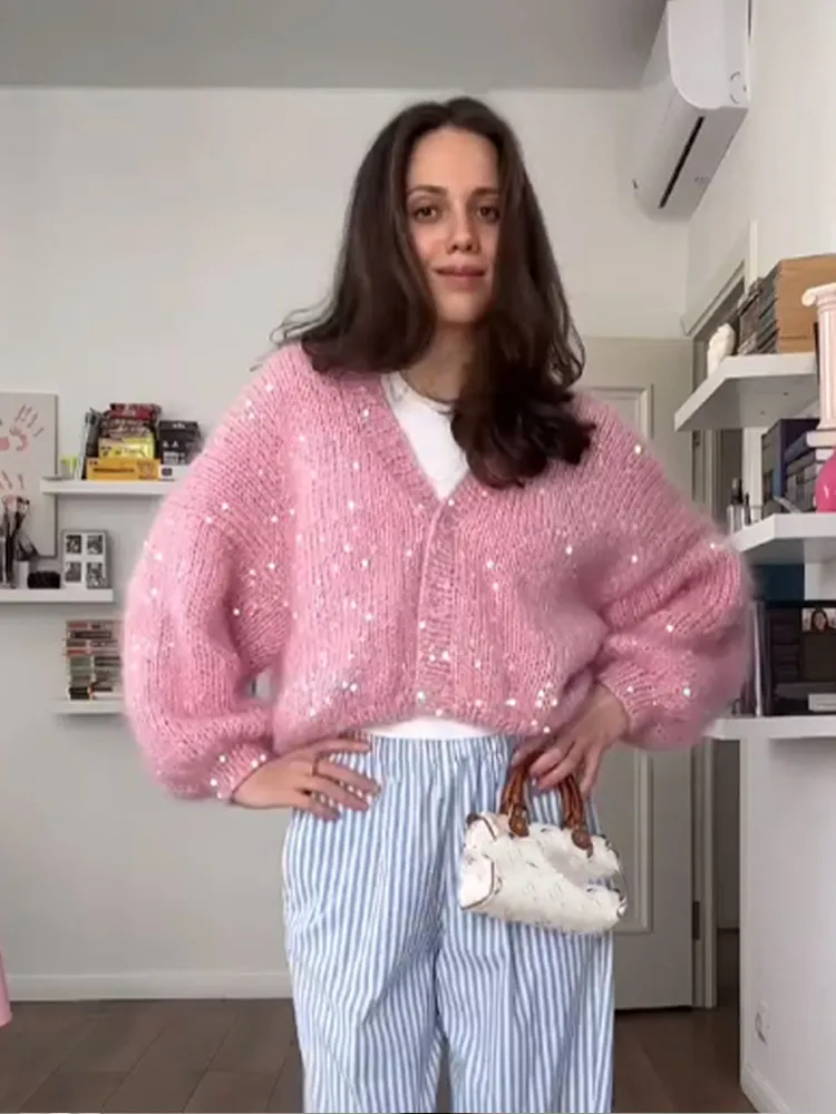 Женский Однотонный пуловер с V-образным вырезом и длинным рукавом