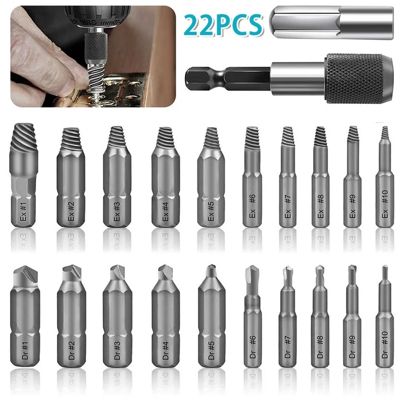 

22 шт. поврежденный винт сверло для извлечения комплект легко вынуть сломанный винт, болт жидкость для снятия в полоску винты экстрактор снос инструменты