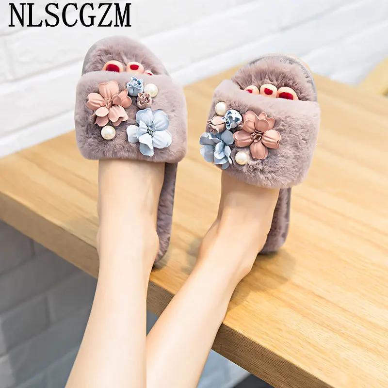 

Slippers for Woman Ladies Shoes Flowers Slippers Women Luxury Winter Shoes for Women Fur Slippers Warm Shoes Zapatillas De Mujer