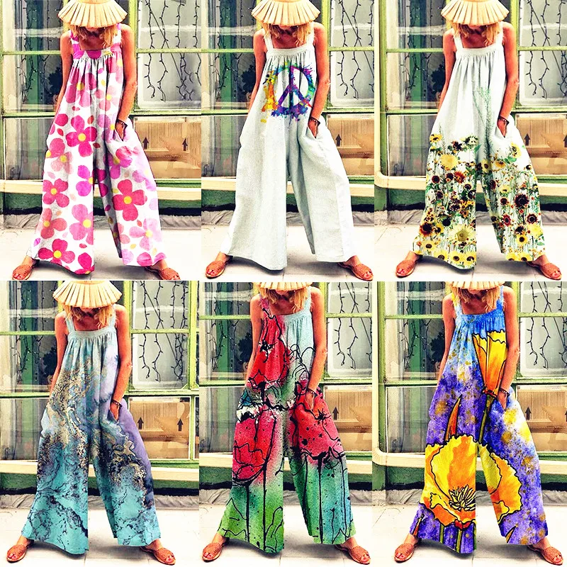 

Harem Jumpsuit Spaghetti Long Camis Summer Vintage Loose Wide Leg Overall Jumpsuit Playsuits Pocket Bodysuits Women