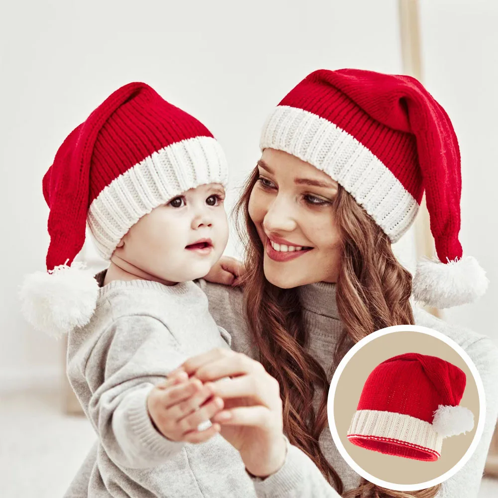 

2023 Christmas Parent-Child Hat Cute Pompom Kids Girl Boy Beanie Cap Solid Color Warm Snowman Party Kids Hats For Kids Children