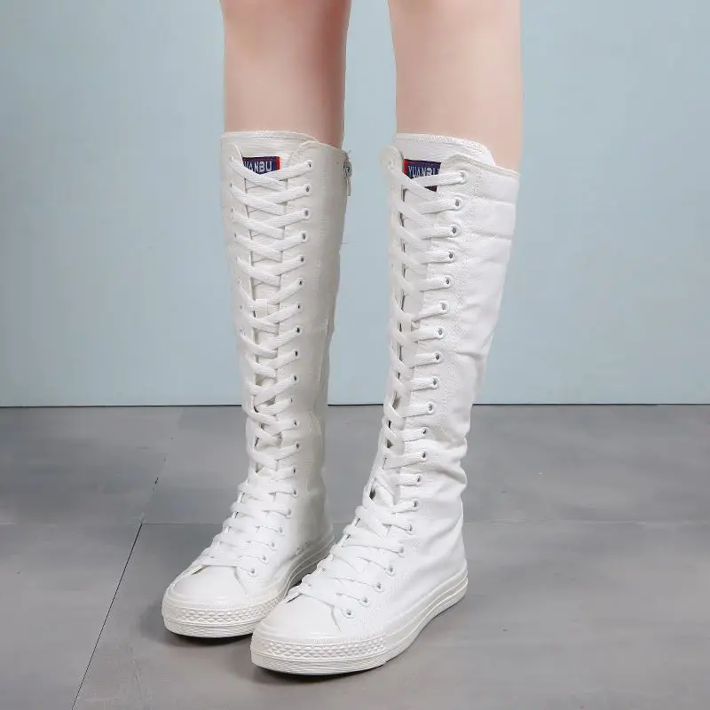 

Spring Autumn Women Boots Canvas Mid Calf Boots Casual High Top Shoes Lace Up Zipper Women Shoes Comfortable Flat Boots
