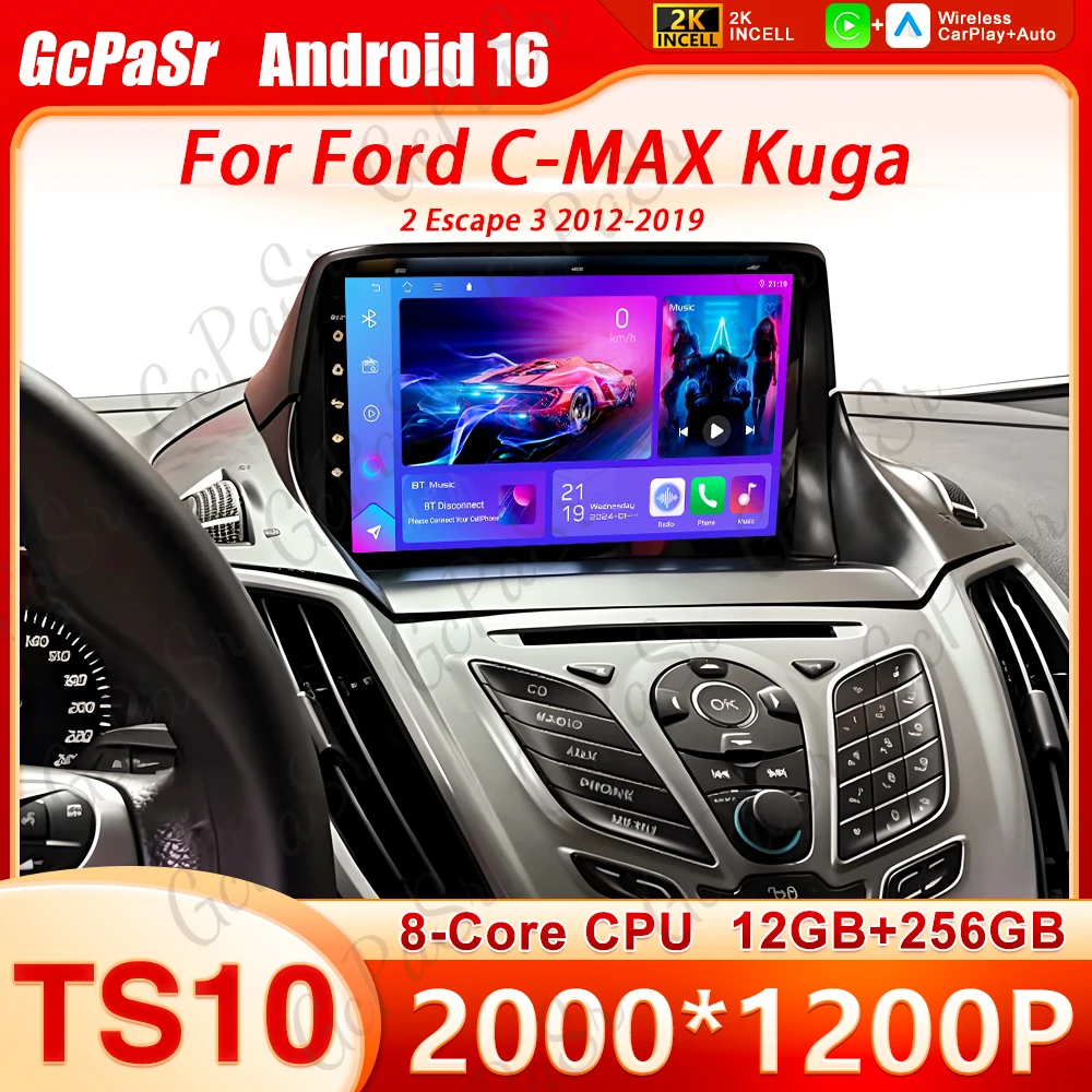 Фото Для Ford C-MAX Kuga 2 Escape 3 2012-2019: Автомагнитола Android 16 с беспроводным CarPlay, GPS-навигацией, экраном, стереосистемой, видео и Bluetooth №1