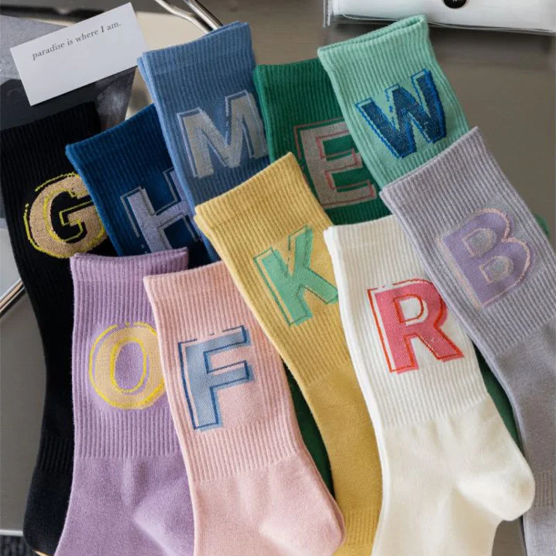 10 Pair Korean Style Women Socks Digital Print Cycling Cotton Socks Set 35-41 Size Autumn Winter Long Cute Foot Cover Streetwear
