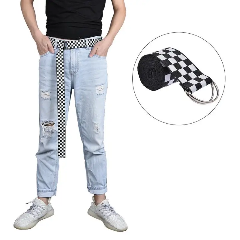 

Canvas Plaid Belt Female Checkerboard Belt Casual Waist Black White Checkered Double D Ring Buckle Teenager Men Long Belts