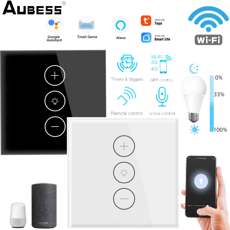 

Умный выключатель Aubess Tuya, сенсорный выключатель с функцией бесконечной регулировки яркости, Wi-Fi, универсальный, для умного дома, ЕС, Alexa, Google ...