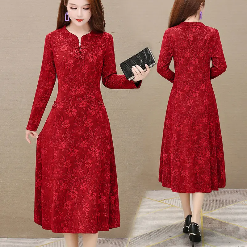 Plus Size Autumn Winter Elegant Dress V Neck Vintage Long Sleeve Party Maxi Robe Femme Slim Waisted 5XL J103 | Женская одежда