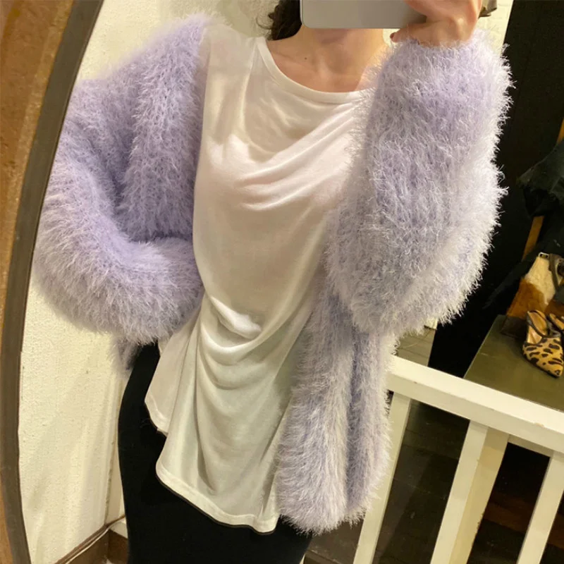 

Кардиган с V-образным вырезом, пушистый Свободный вязаный кардиган, мохеровый вязаный свитер, куртка из искусственного меха, плюшевая куртка, бархатный топ с рукавами-фонариками, свитер