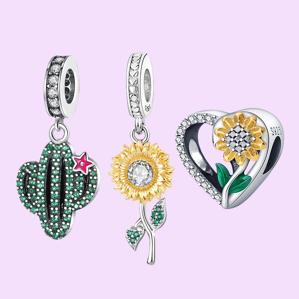 

S925 Original Sunflower Cactus Lovely Pendant Beads DIY Bracelet Necklace Fit for Pandora Women Birthday Party Friend Gifts